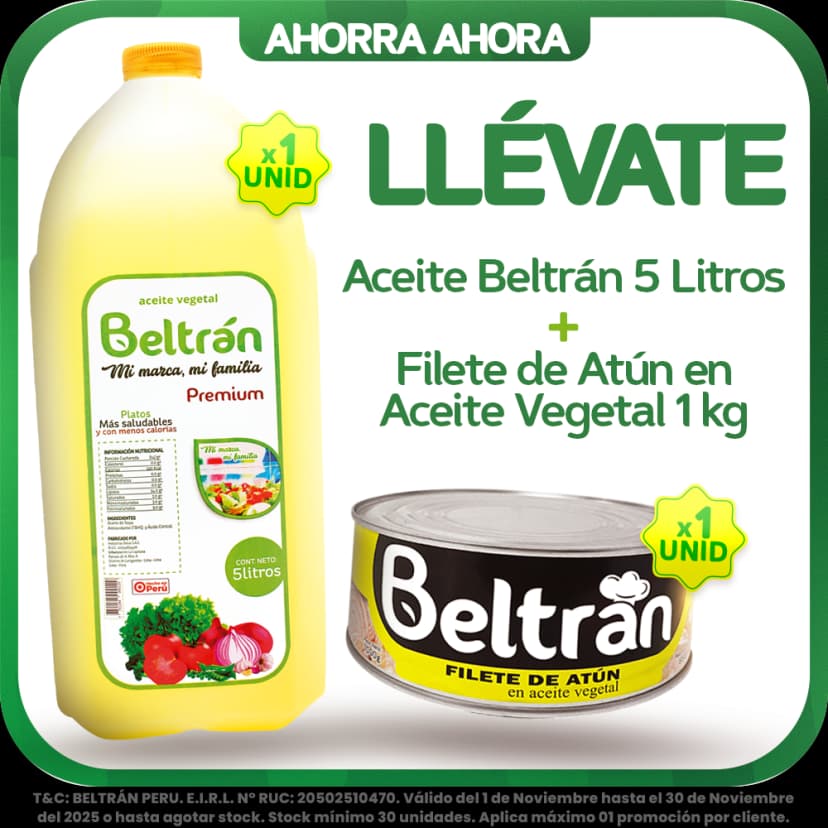 Aceite Beltrán 5 Litros - Filete de Atún en Aceite Vegetal 1Uni x 1kg 