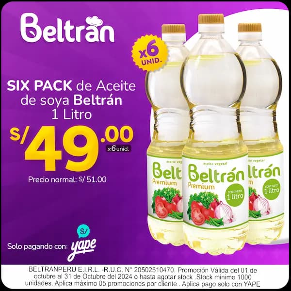 SIX PACK de Aceite de Soya Beltrán 1 Litro - PROMO YAPE