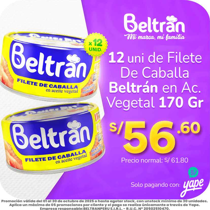 Yape Promo - Filete de Caballa Beltrán en Ac. Vegetal 170Gr X 12Uni