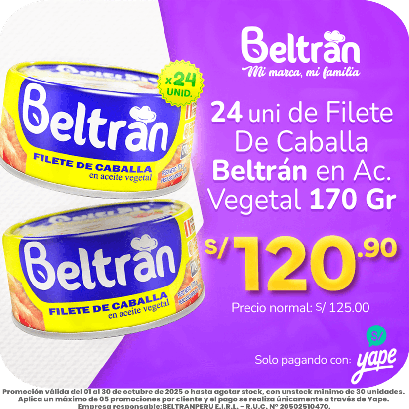 Yape Promo - Filete de Caballa Beltrán en Ac. Vegetal 170Gr X 24Uni