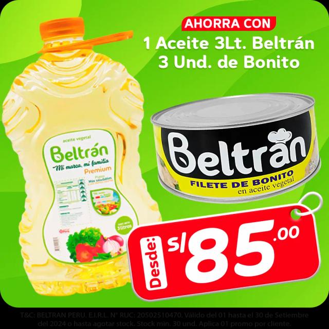 Aceite De Soya Beltrán X 3 Lt X 1 Uni + Filete De Bonito Beltrán Ro-1000 X 3 Uni