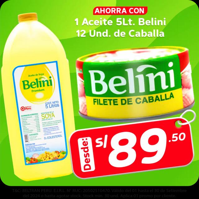 Aceite De Soya Belini X 5 Lt X 1 Uni + Filete De Caballa Belini 170 Gr X 12 Uni