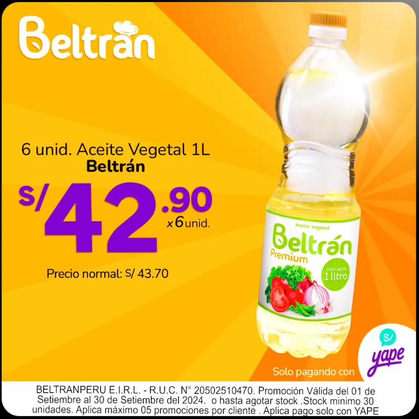 SIX PACK de Aceite Vegetal Beltrán en presentación 1 Litro - PROMO YAPE