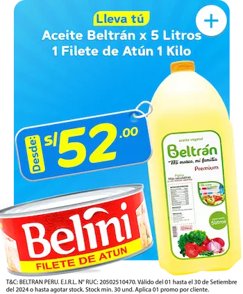 Aceite Vegetal Beltrán Galón de 5 litros +1 filete de Atún 1kg Belini